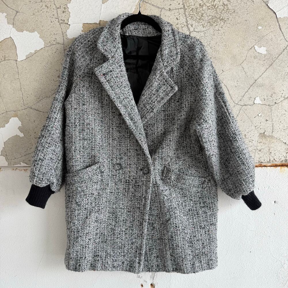 Vtg 80s Cocoon Coat Wool Mohair Oversized‎ Slouch Speckled Tweed Jacket Womens M